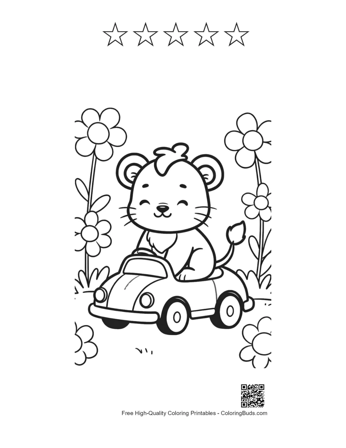 Cheerful lioness cub car printable with 5 stars outline
