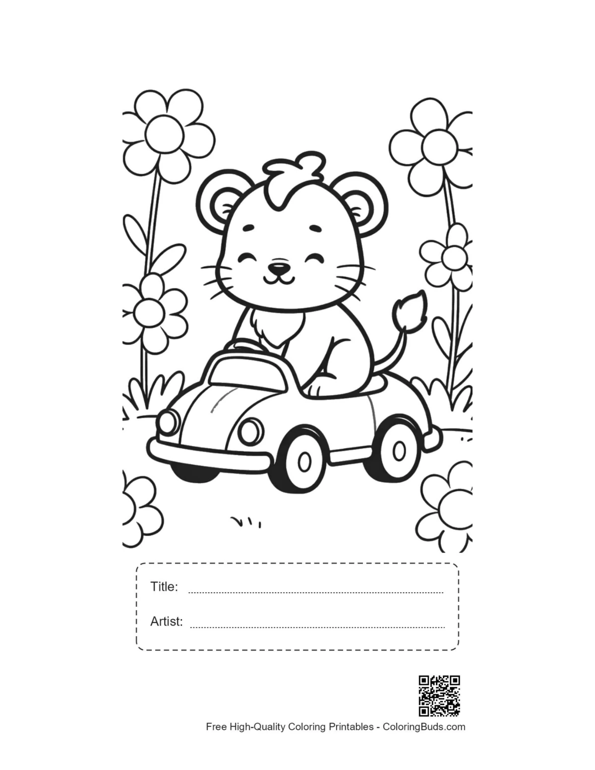Cheerful lioness cub toy car printable with title box