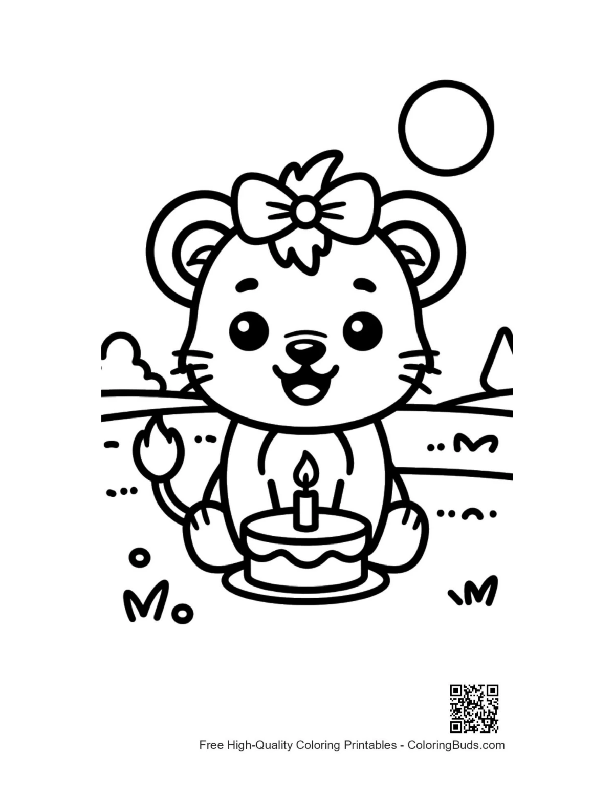 Cute lioness cub with birthday cupcake coloring printable
