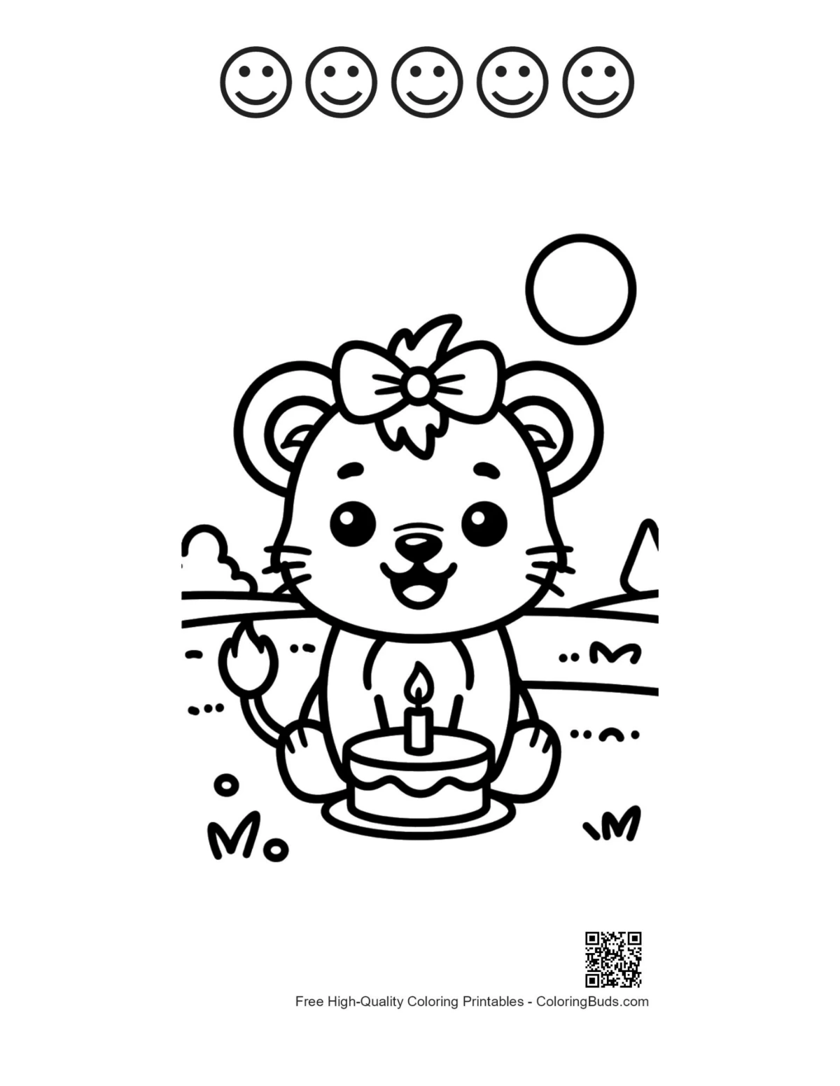 Lioness cub birthday printable with 5 happy face outlines