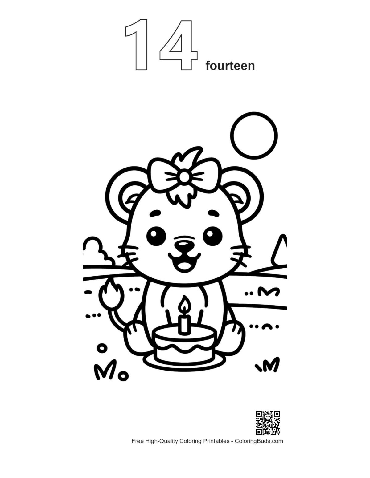 Lioness cub birthday cupcake printable with number 14 outline