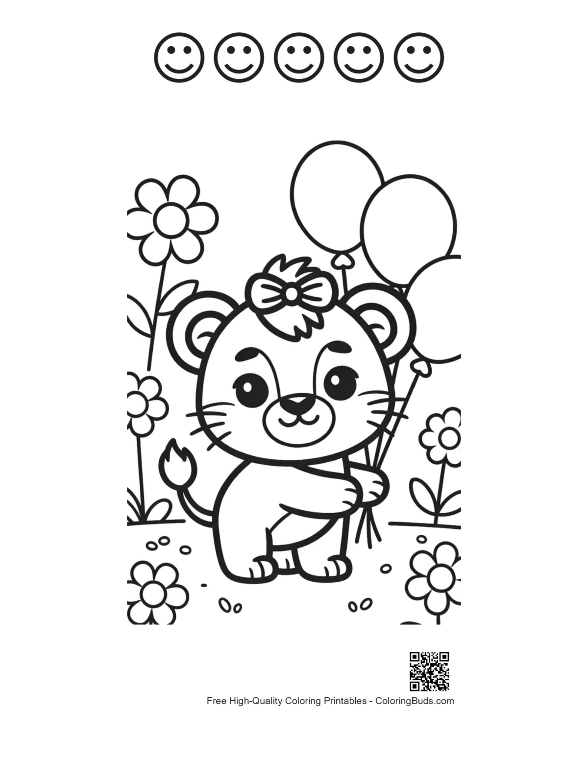 Cute lioness cub with happy faces outlines printable