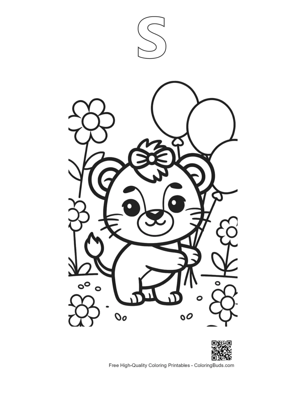Lioness cub printable with alphabet S outline