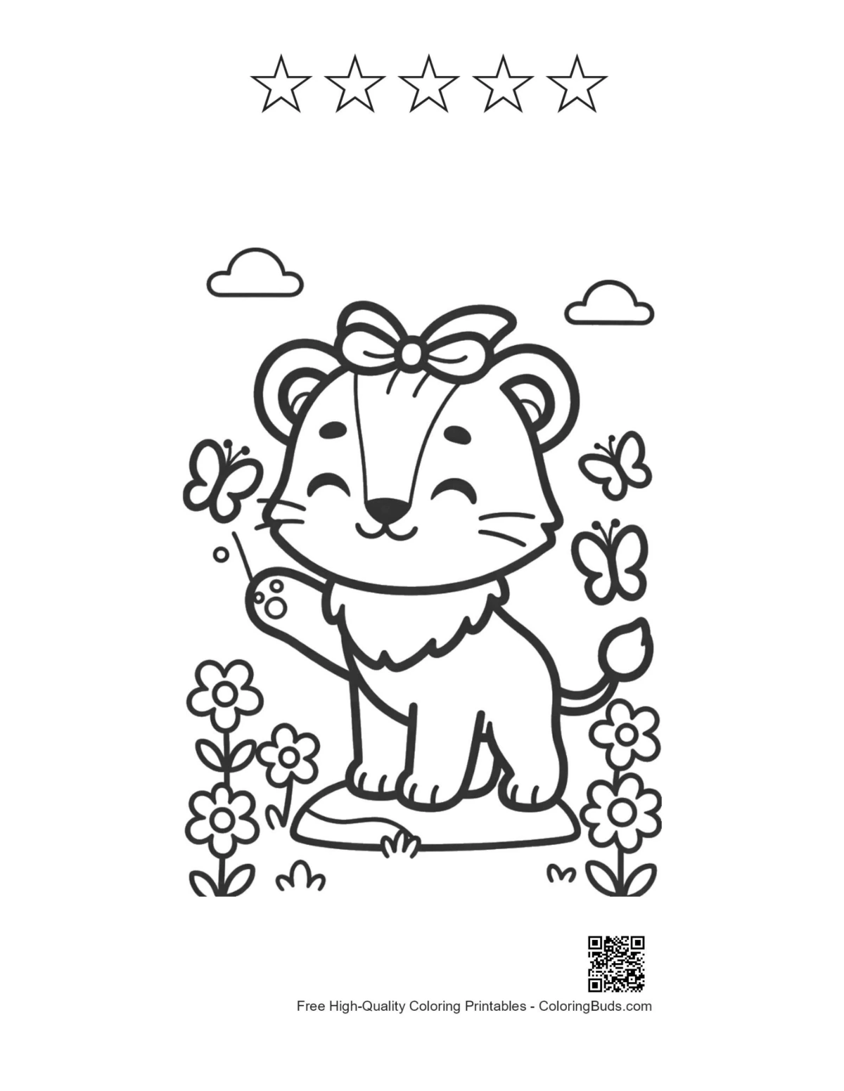 Cute lioness cub with 5 star outlines printable
