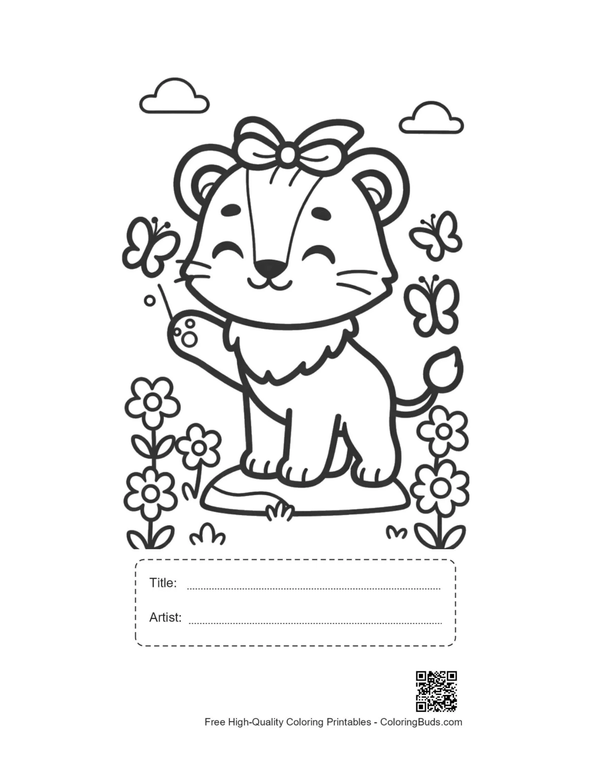 Cute lioness cub printable with title artist box
