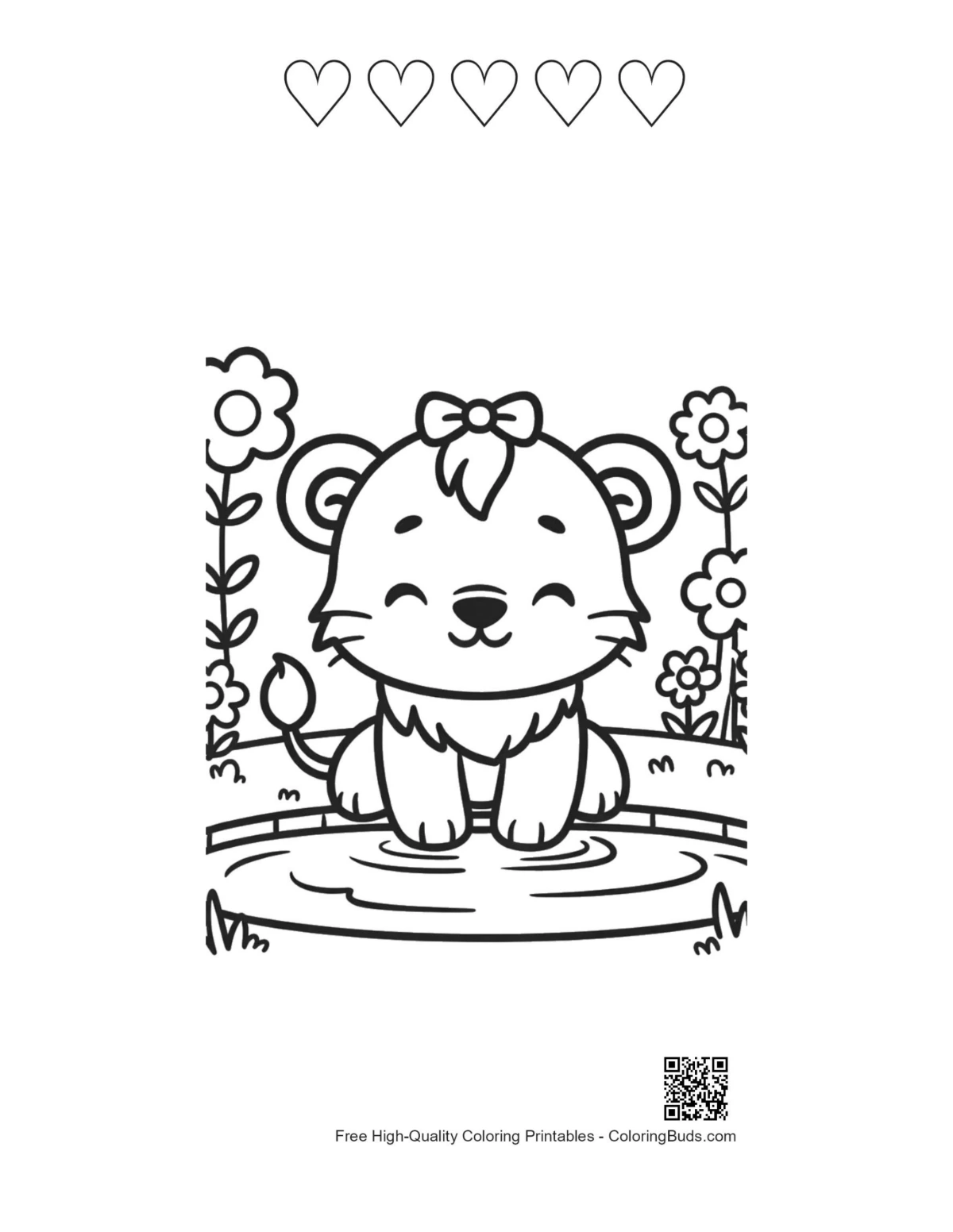 Lioness printable featuring 5 heart outlines