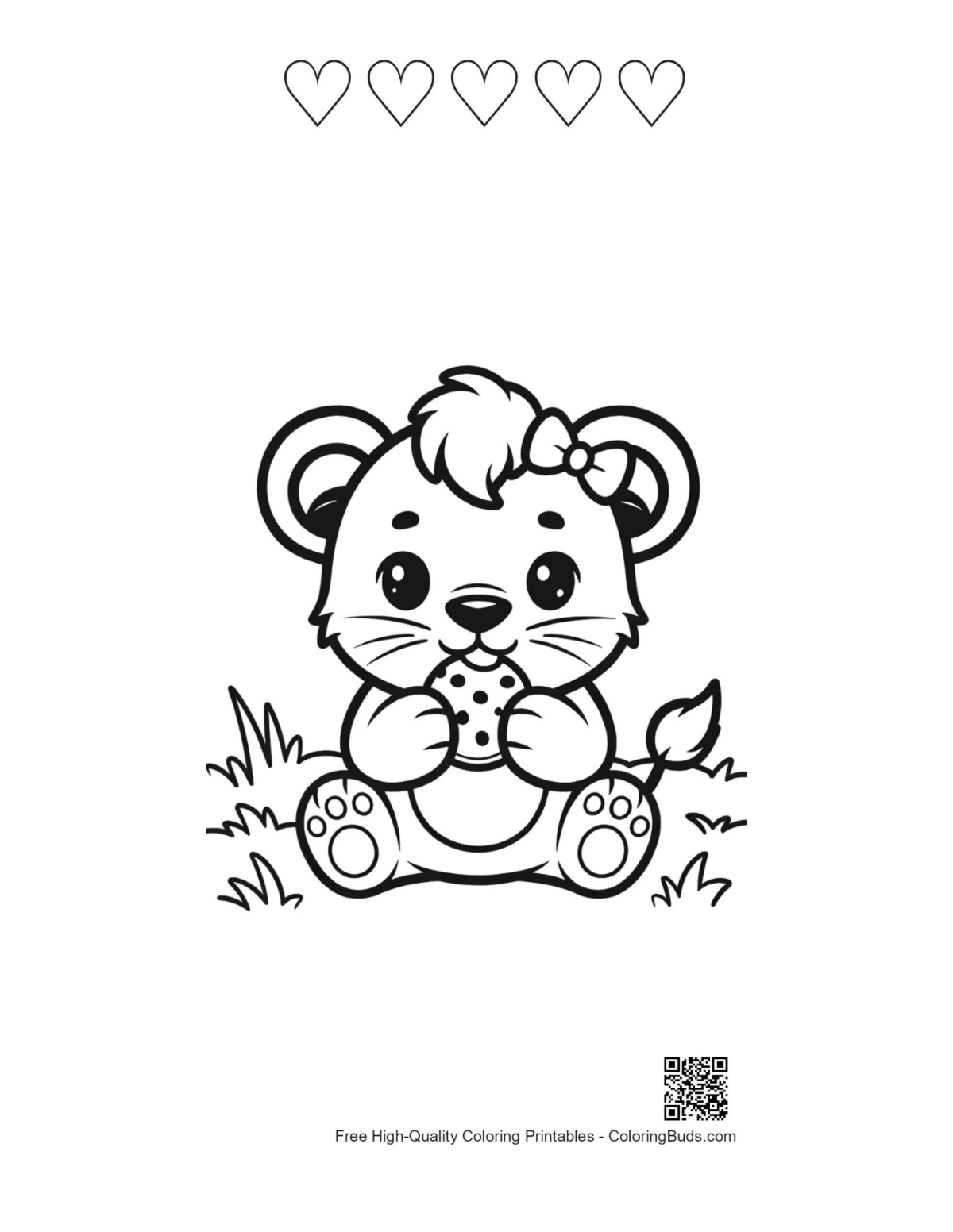 Lioness coloring sheet with 5 heart outlines