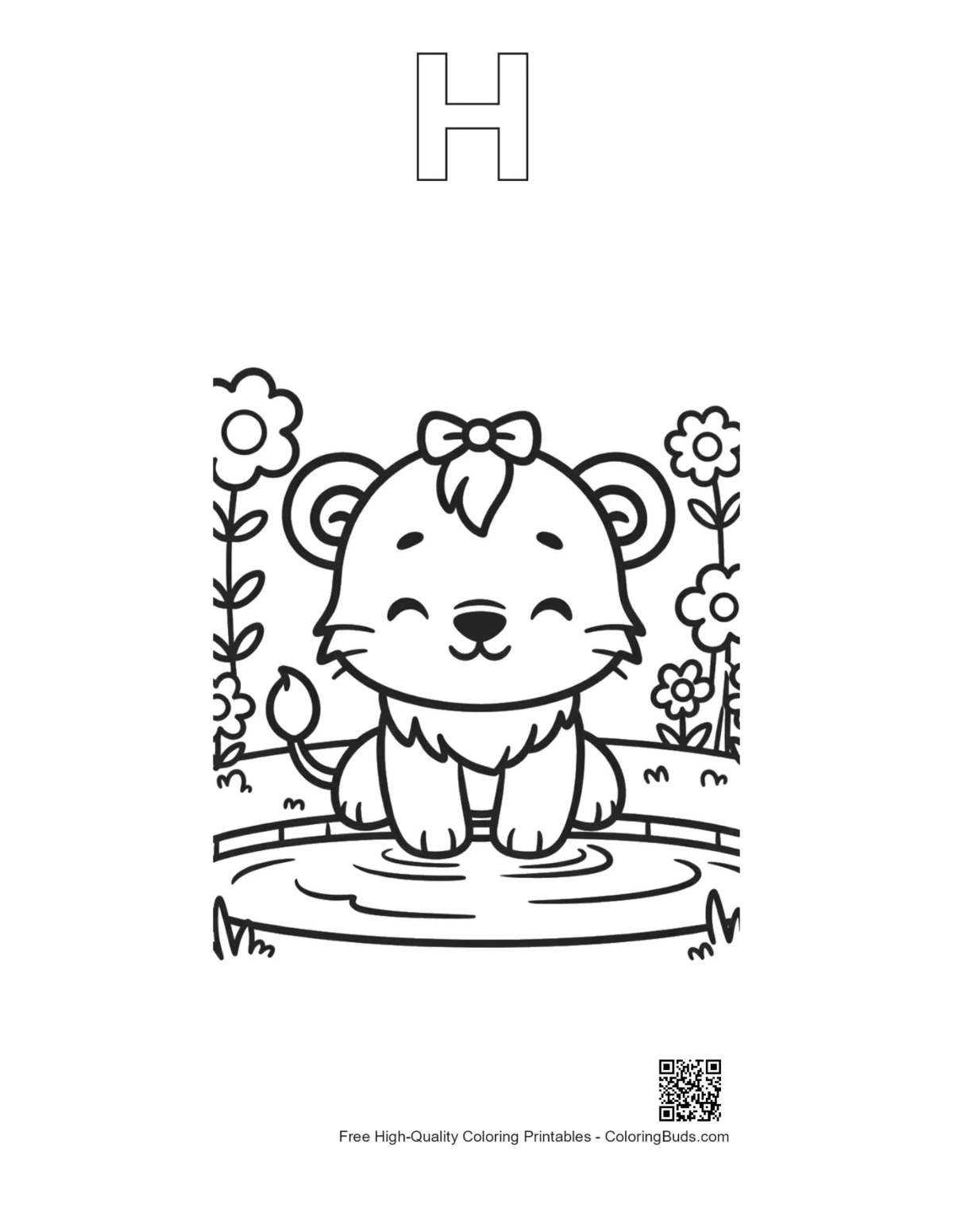 Lioness outline with alphabet H printable for kids