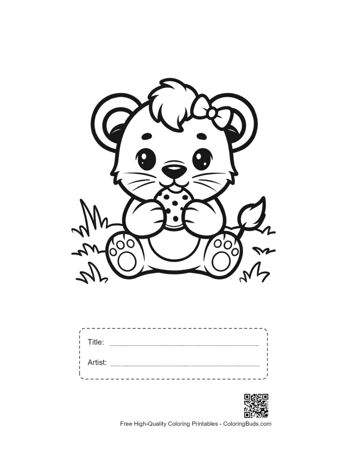 Printable lioness page with title and artist box