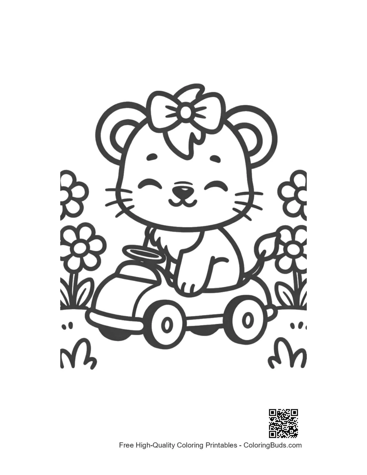 Happy lioness cub driving toy car coloring page