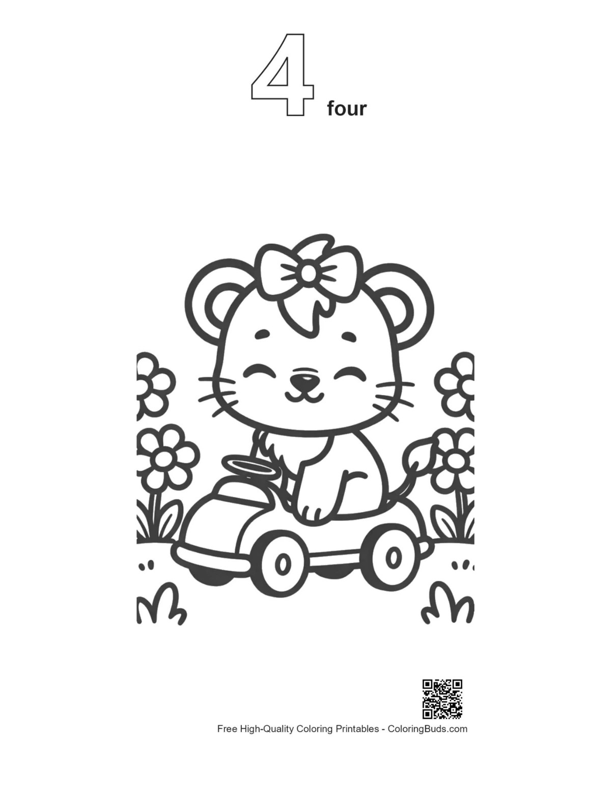 Lioness cub toy car outline with number 4 printable
