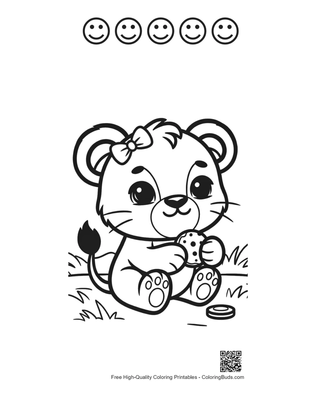 Lioness cub cookie printable with 5 happy faces