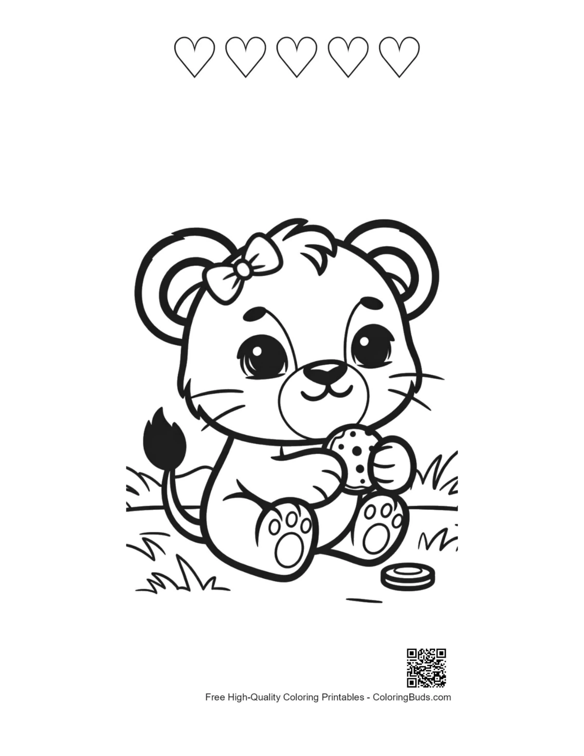 Lioness cub forest printable with 5 hearts