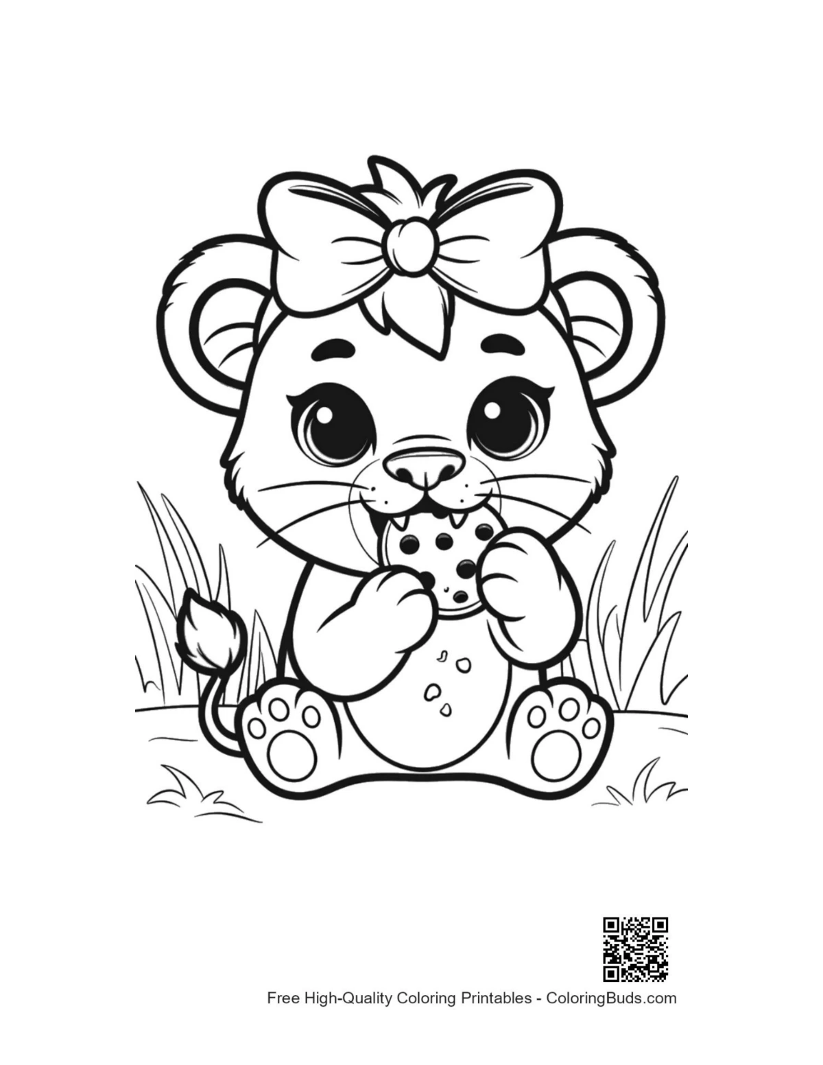 Cute lioness cub holding big cookie printable