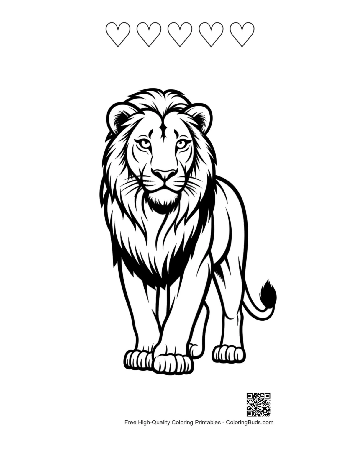 Majestätischer Löwe mit 5 Herzumrissen zum Ausdrucken