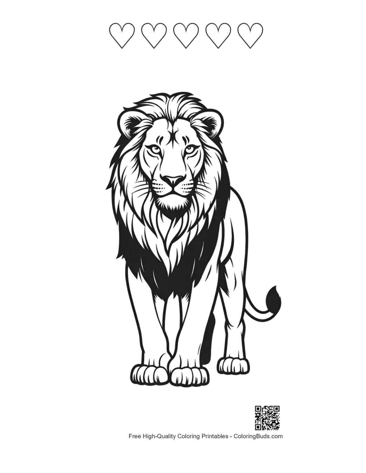 Majestic lion printable featuring 5 heart outlines