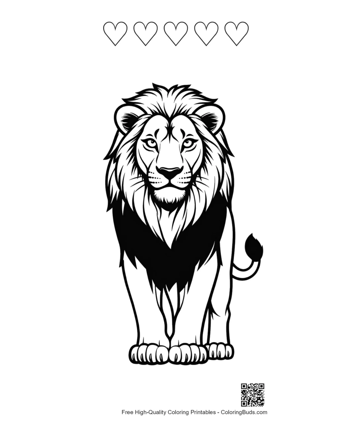 Majestic lion standing proudly 5-heart outline printable