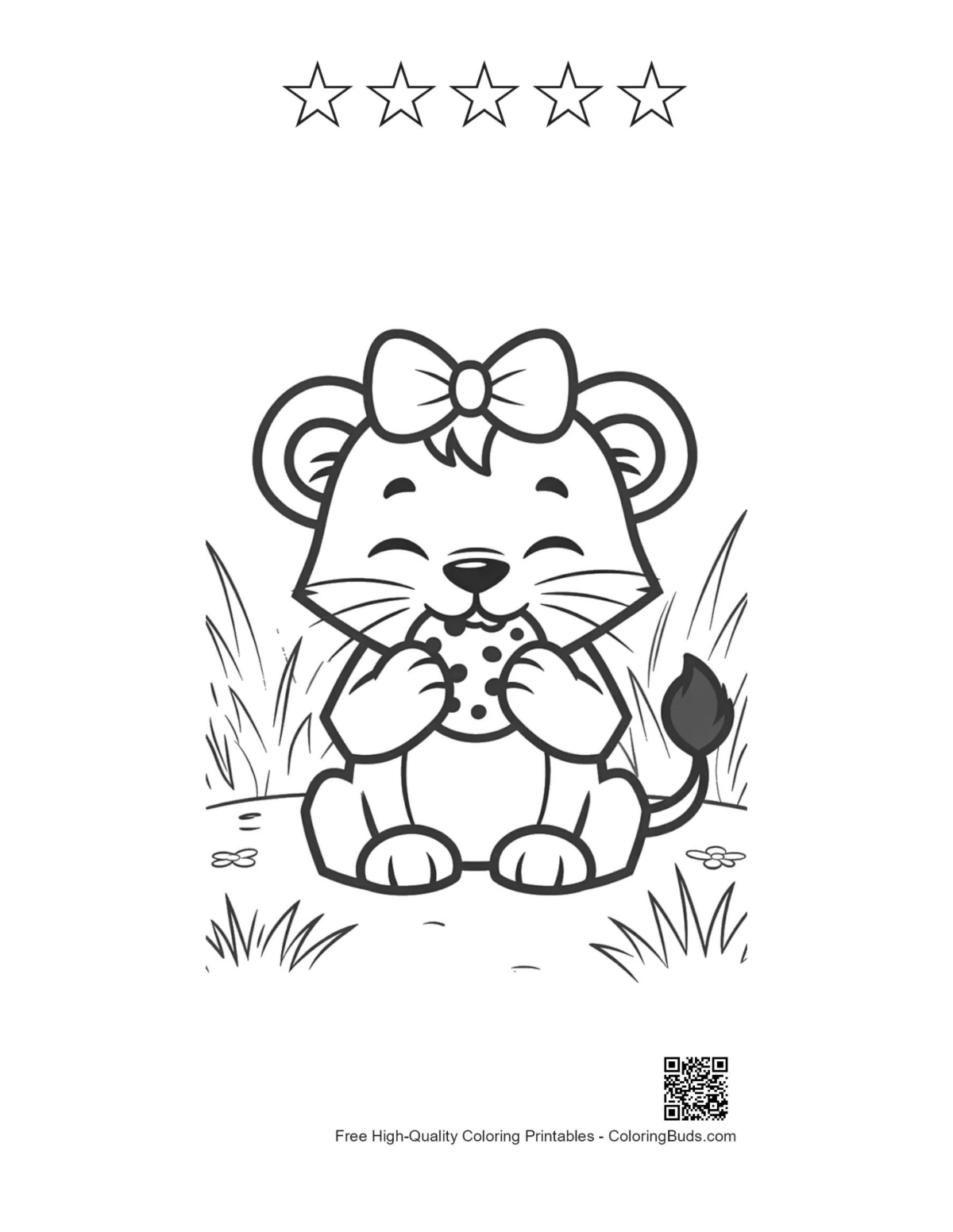Playful lioness cookie printable with 5 star outlines
