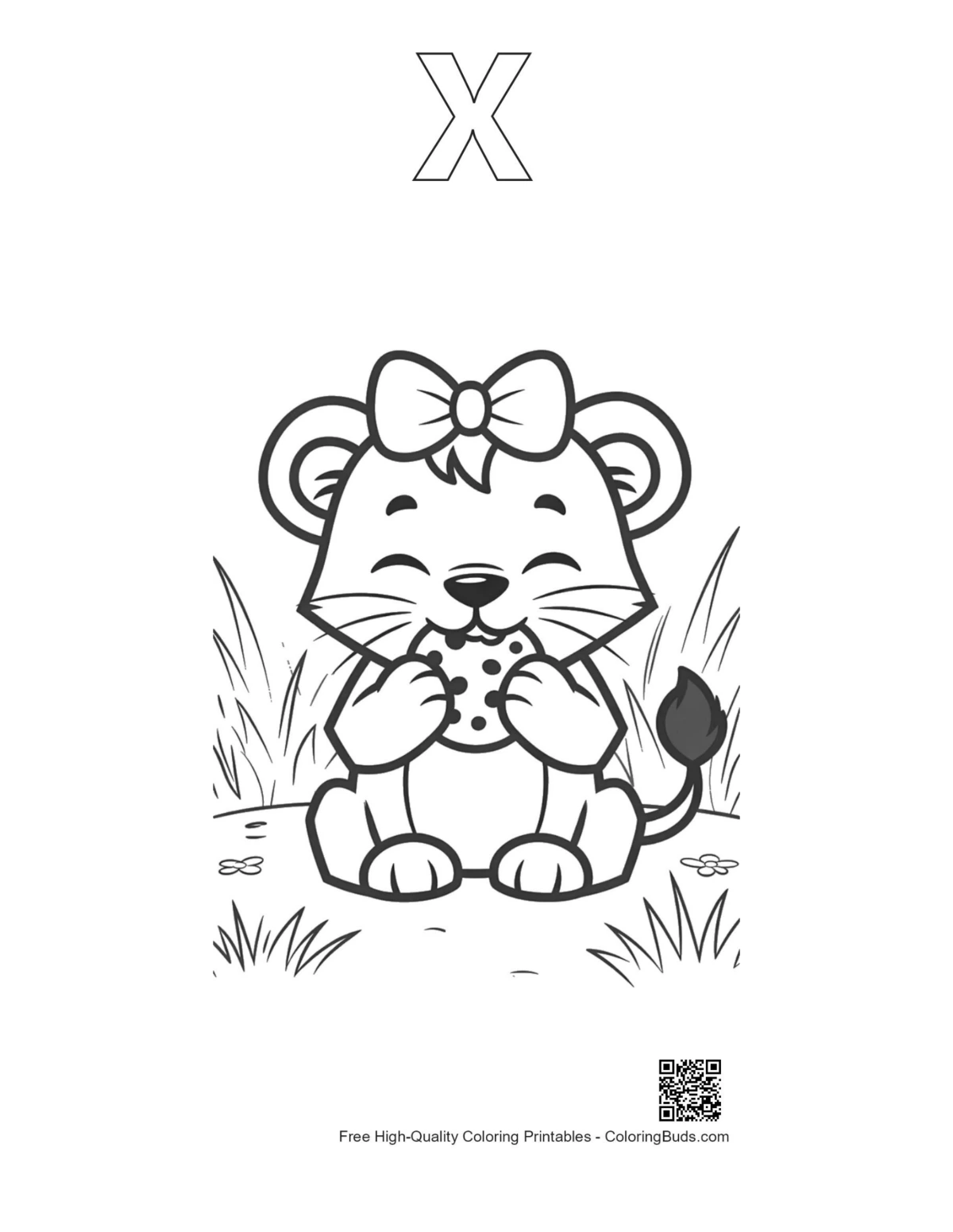 Baby lioness cookie field printable with alphabet X outline