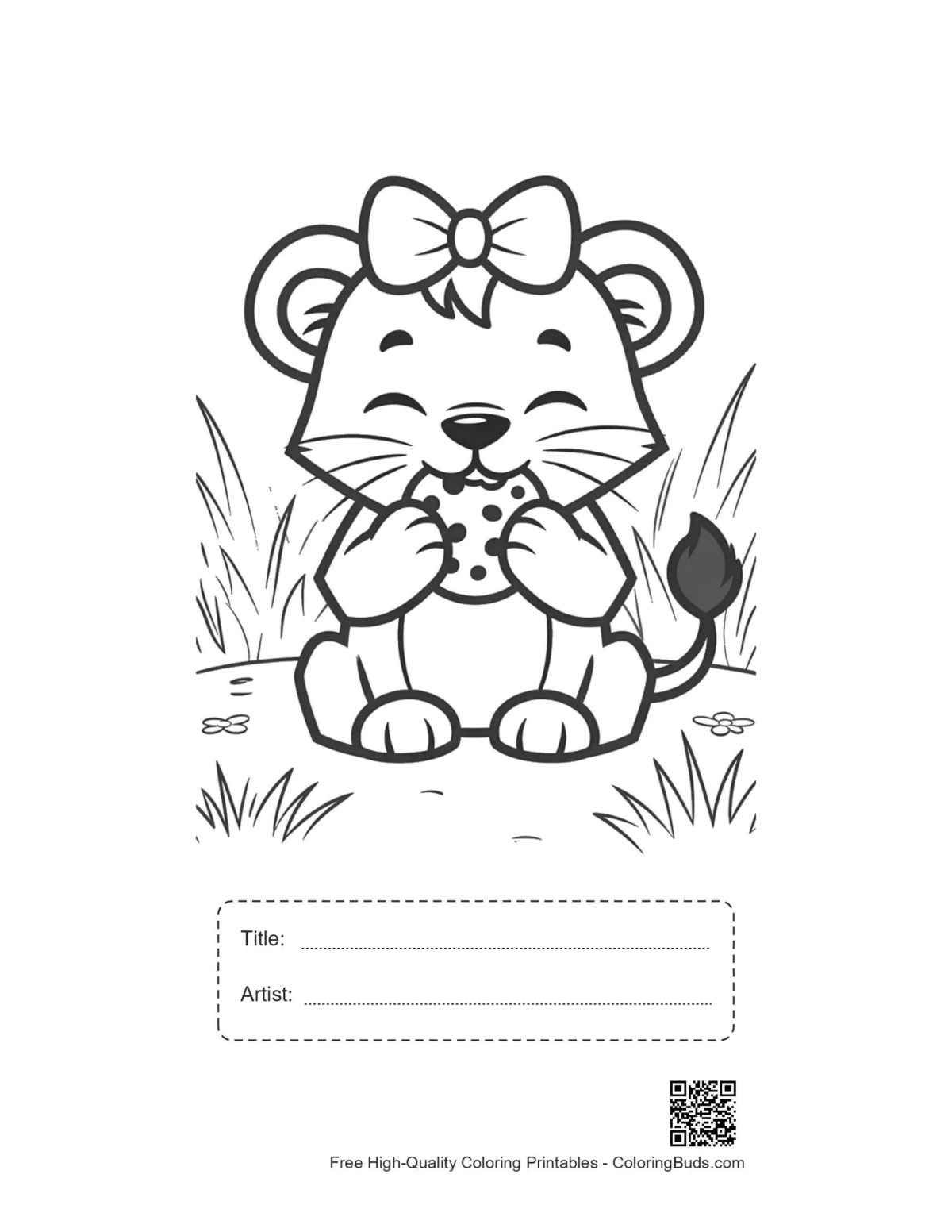 Playful baby lioness cookie printable with title artist box