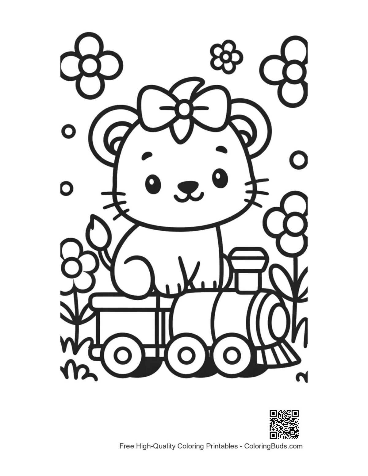 Playful baby lioness riding toy train car coloring printable