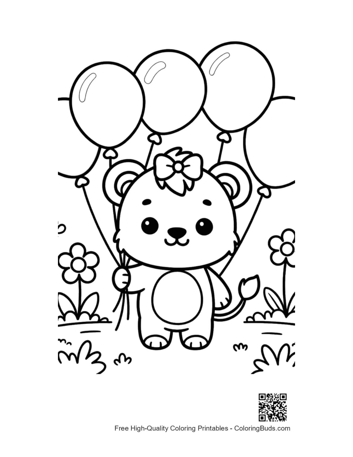 Cute baby lioness with bow and balloons coloring page