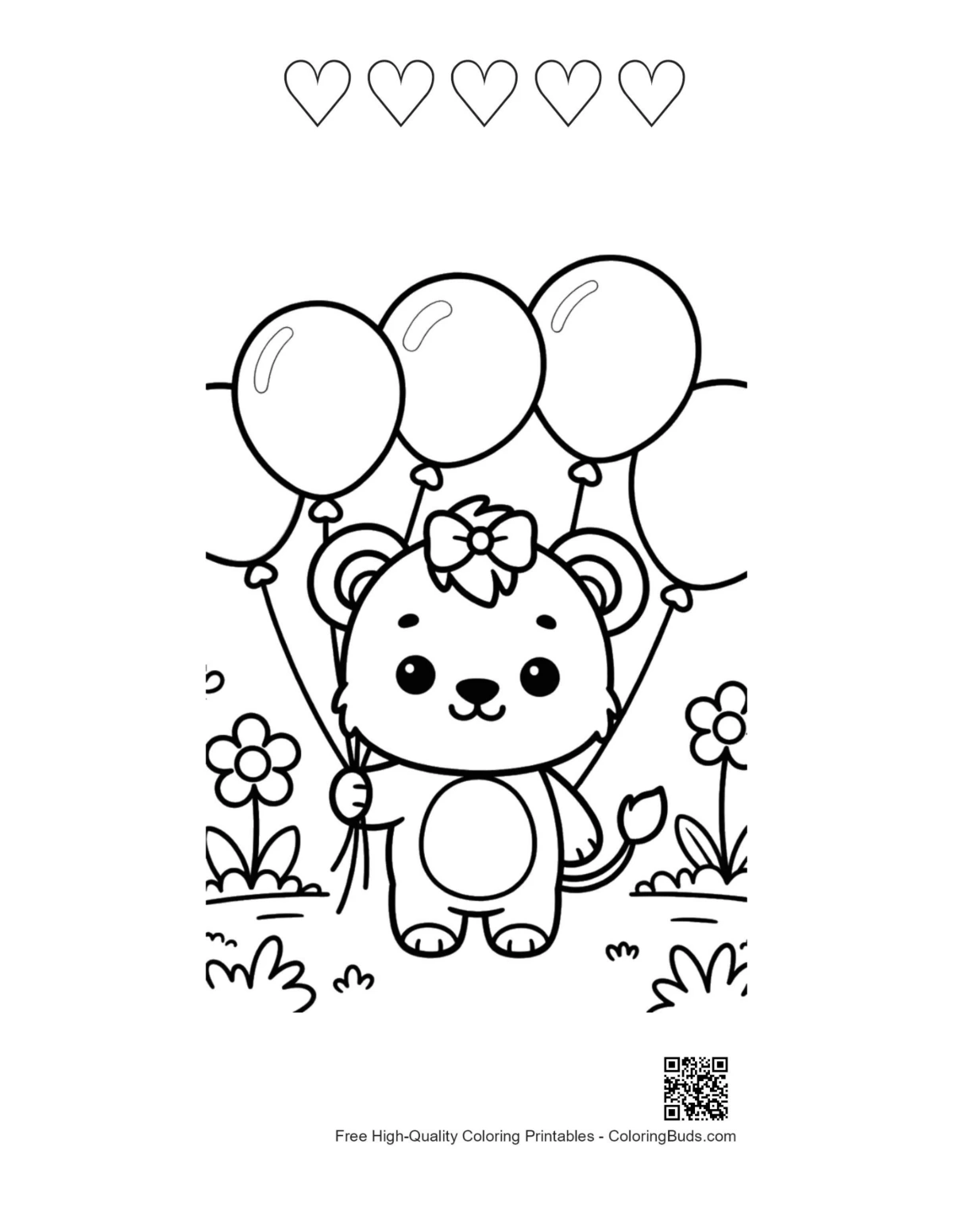 Playful lioness with hearts and floating balloons