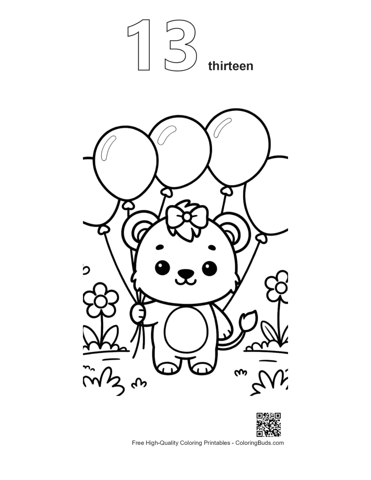 Baby lioness outline with number 13 and balloons