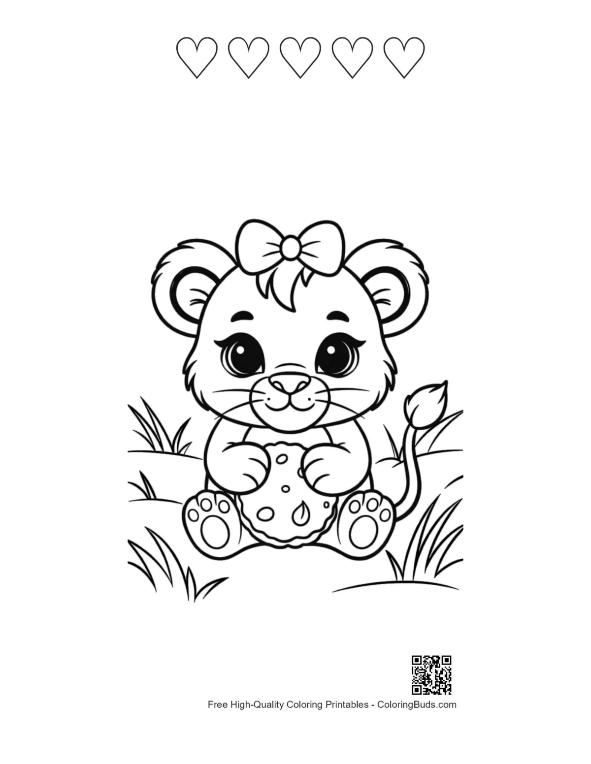 Lioness cub cookie with heart outlines printable