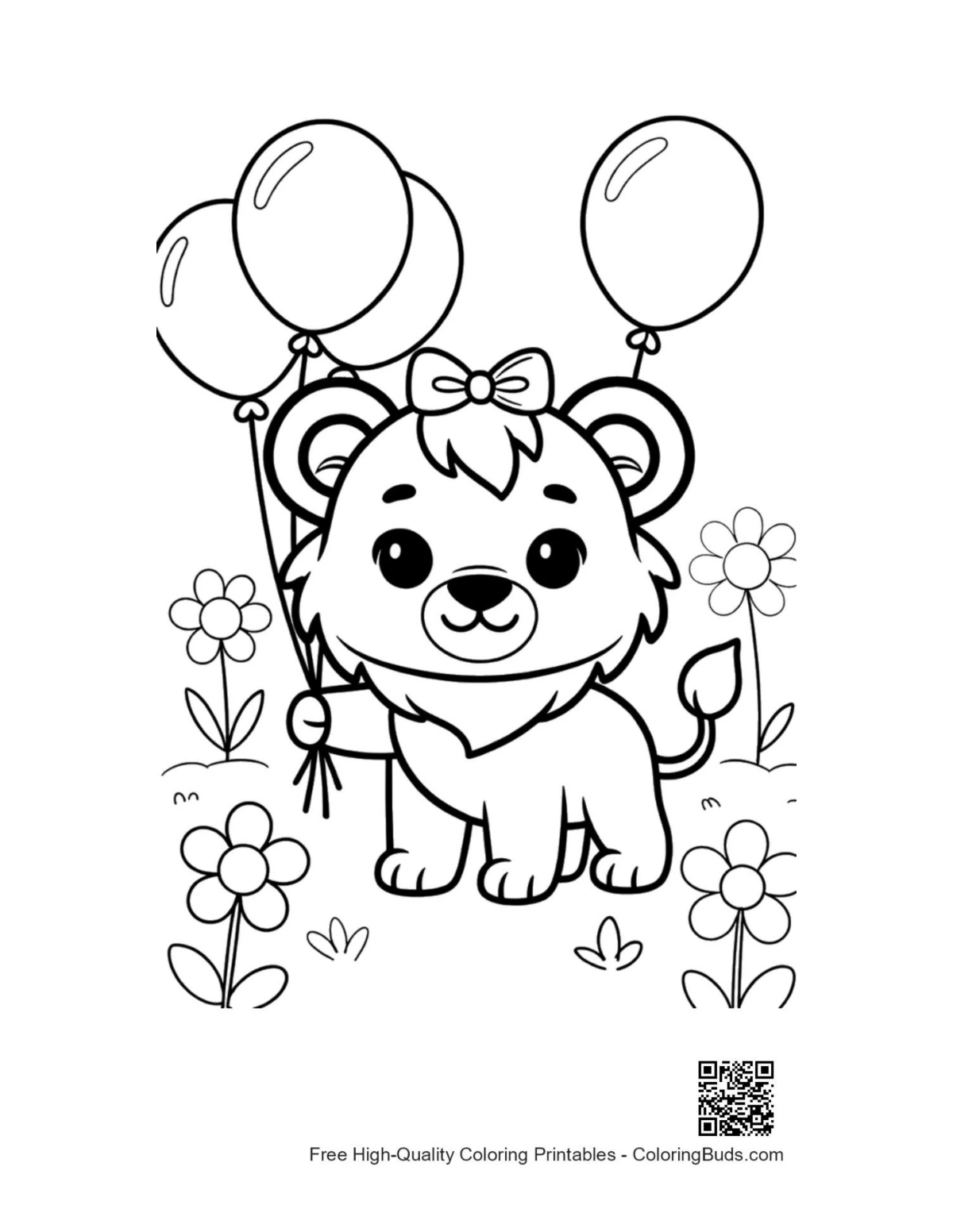 Sweet lioness cub with colorful balloons coloring page