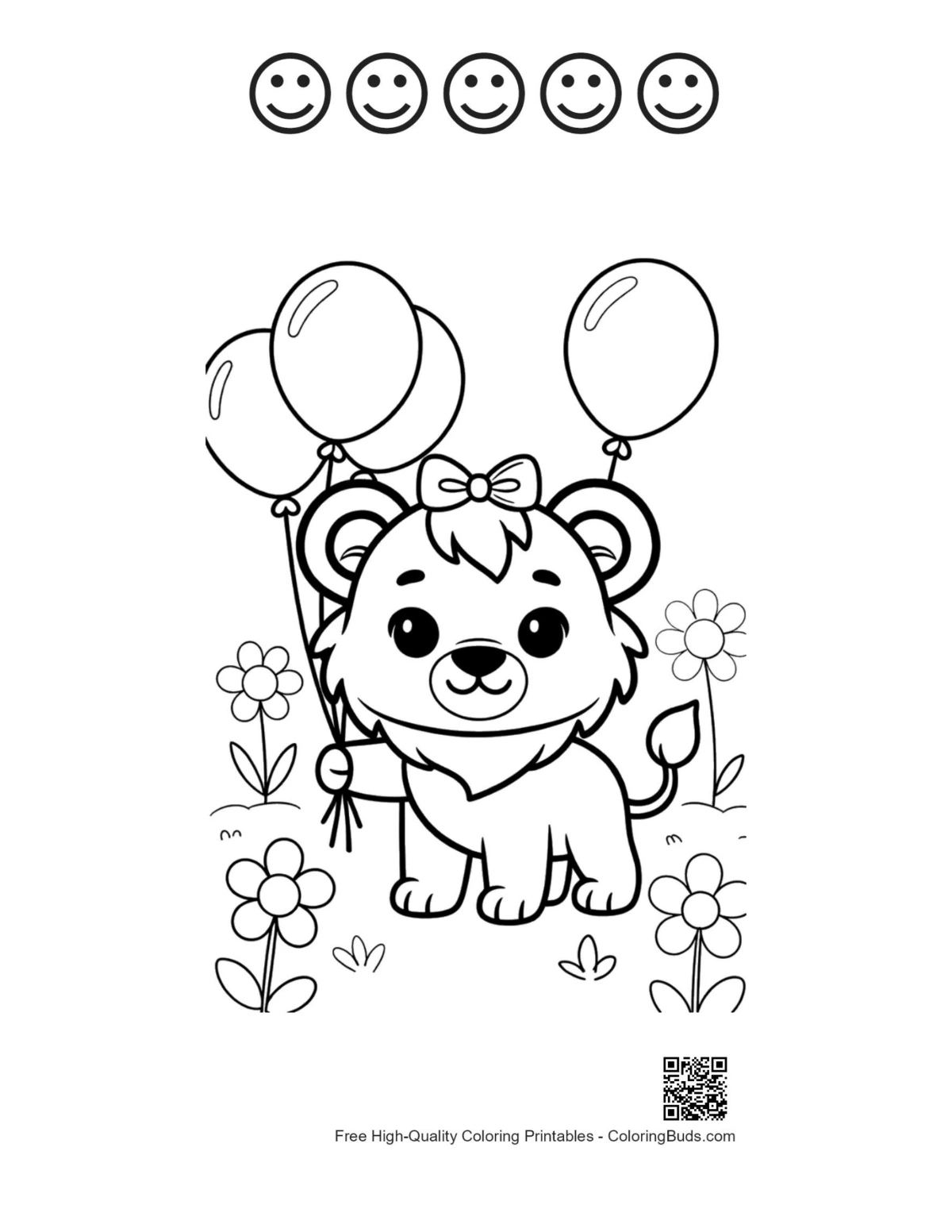 Cute lioness cub with balloons and happy faces