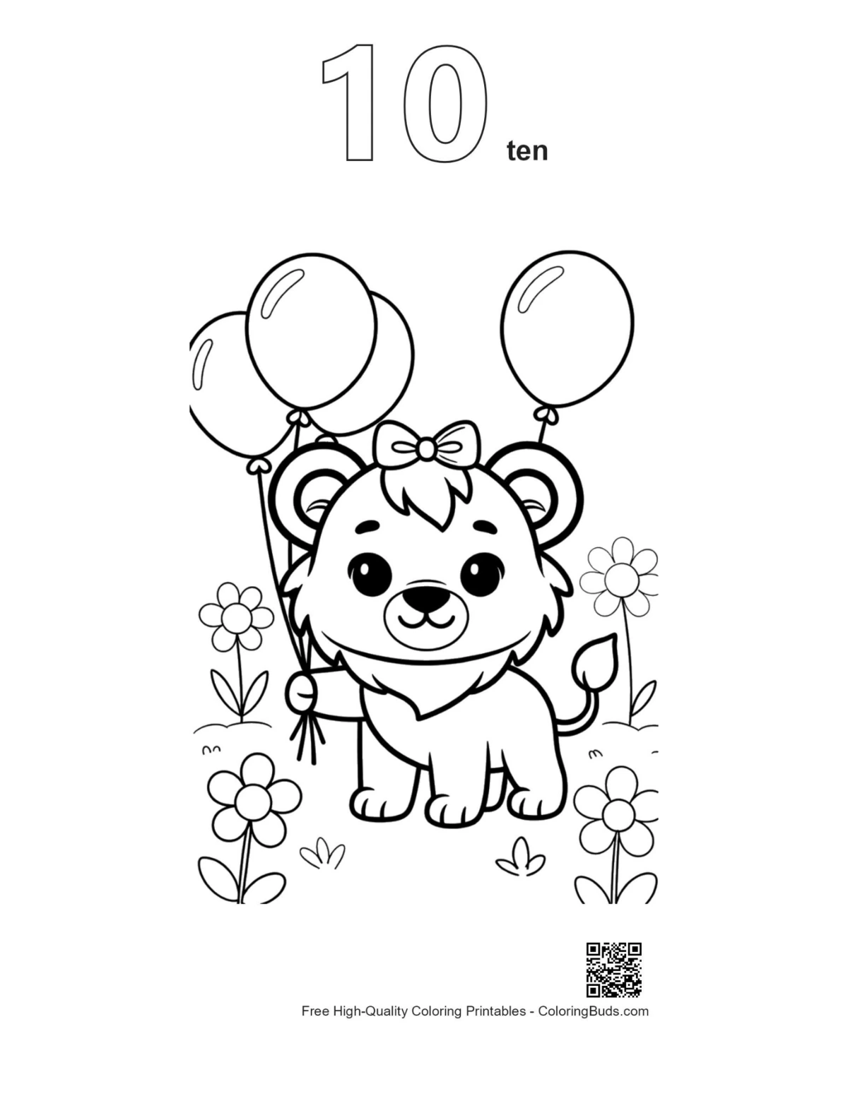 Lioness cub with balloons number 10 outline