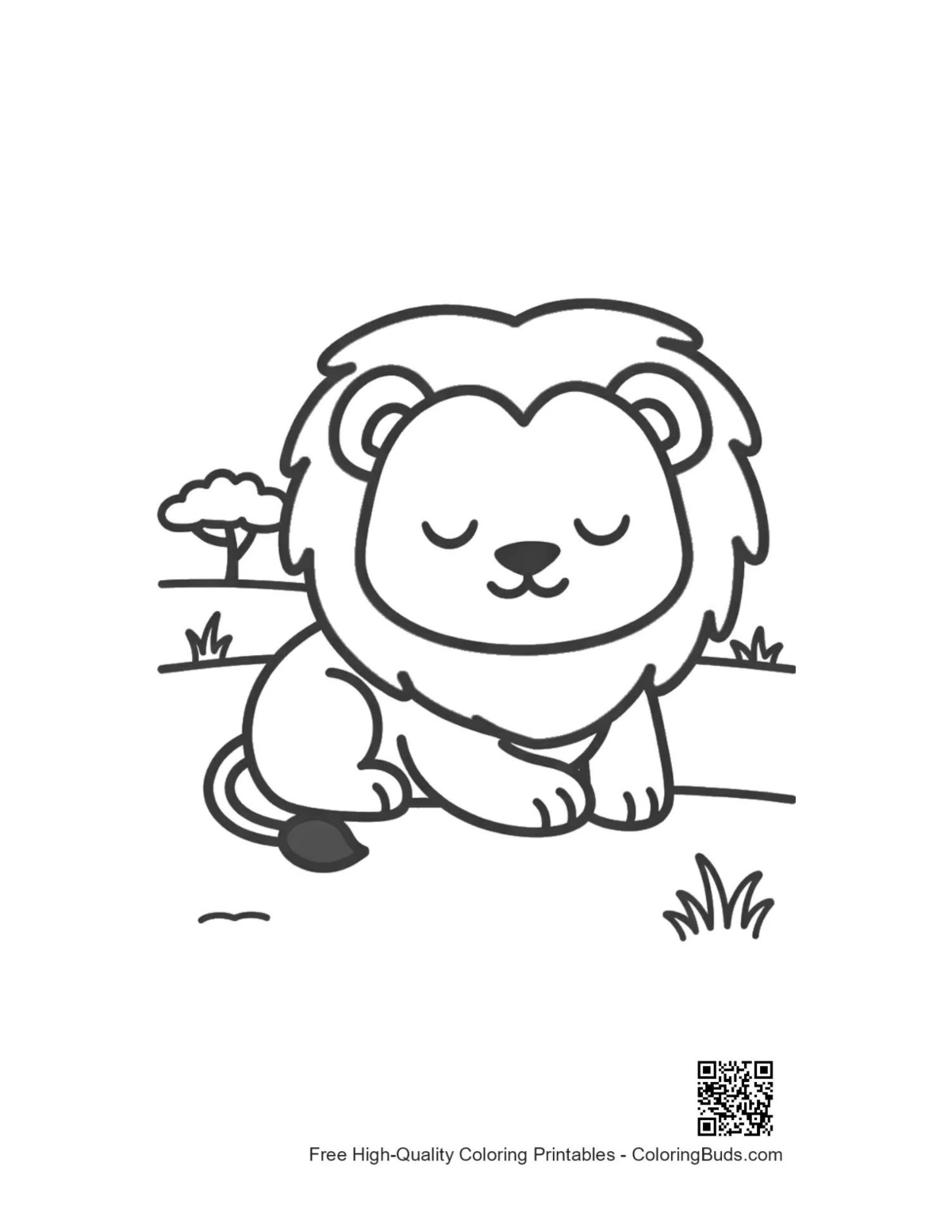 Charming male lion cub coloring page in wilderness