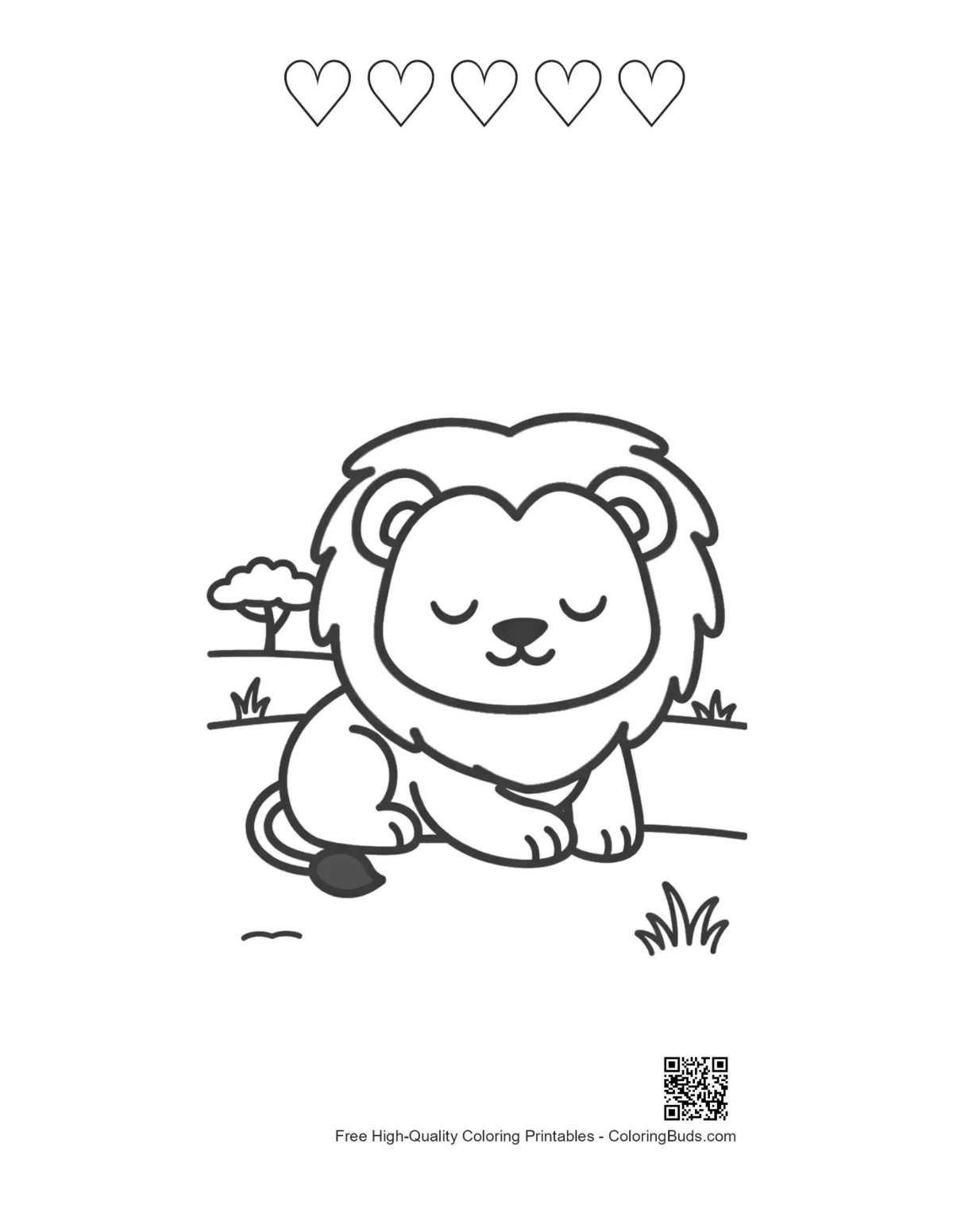 Printable lion cub with 5 heart outlines coloring