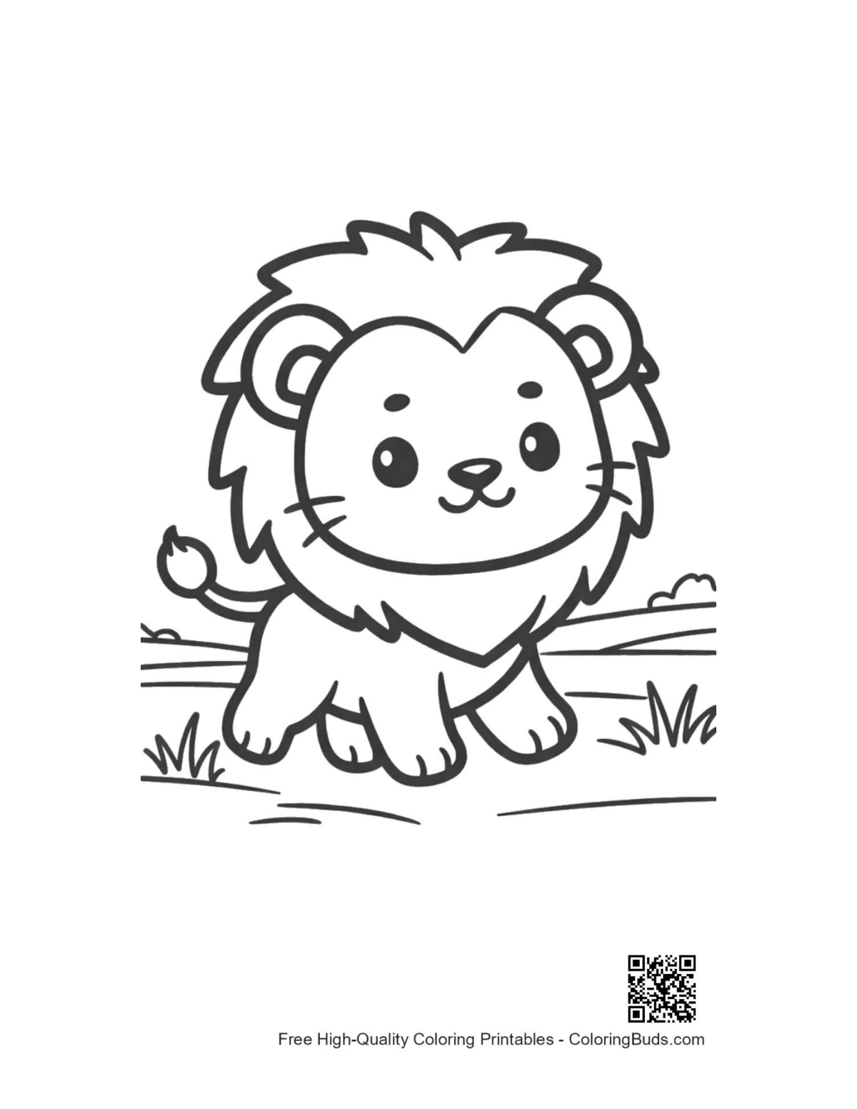 Cute smiling lion cub walking outdoors coloring printable
