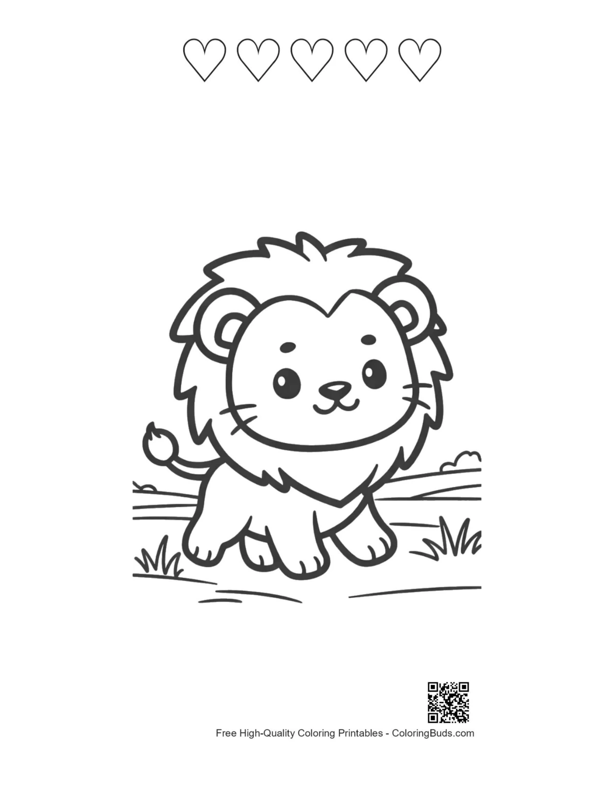 Smiling lion cub with 5 heart outlines