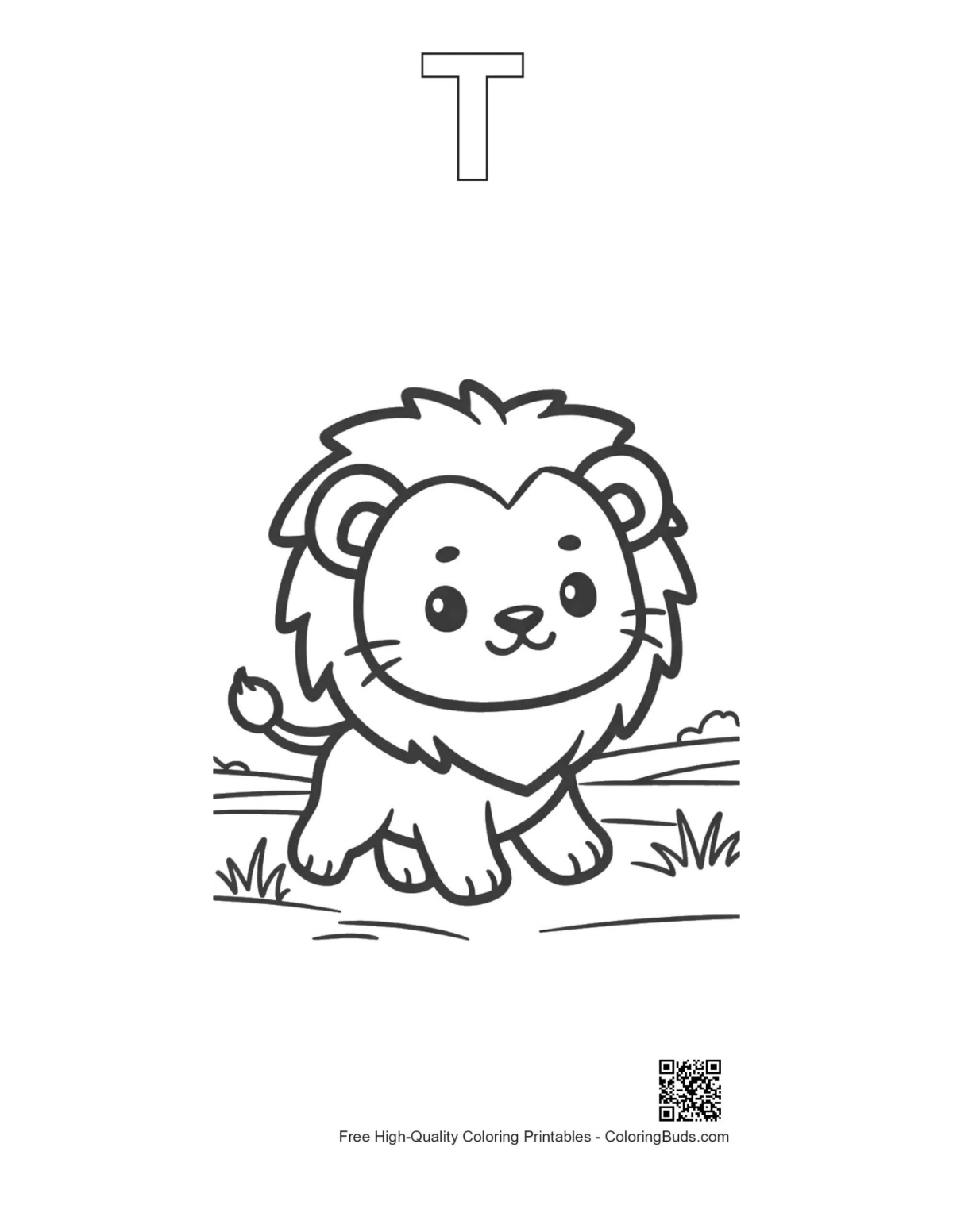 Lion cub printable with alphabet T outline
