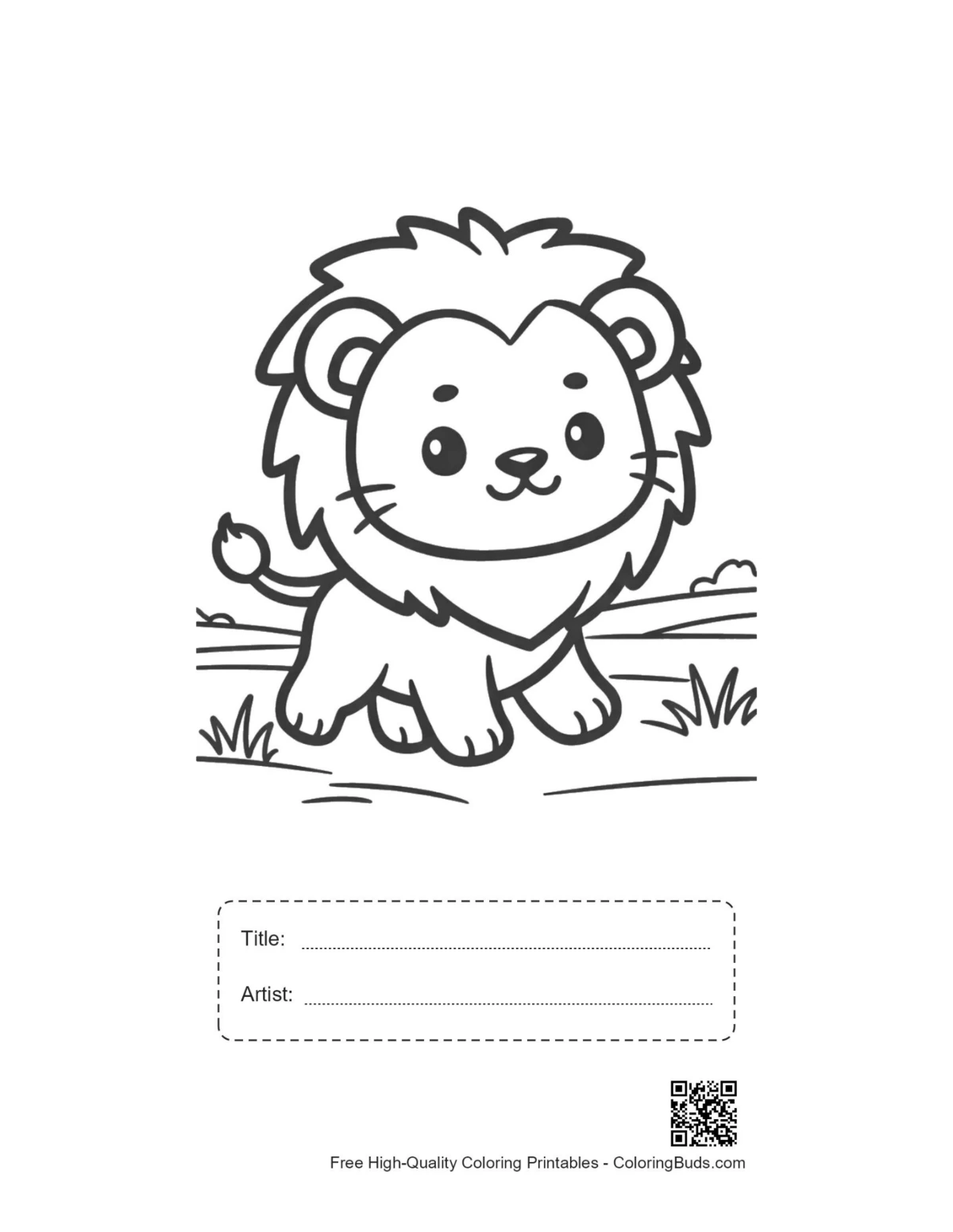 Smiling lion cub outdoors printable with title box