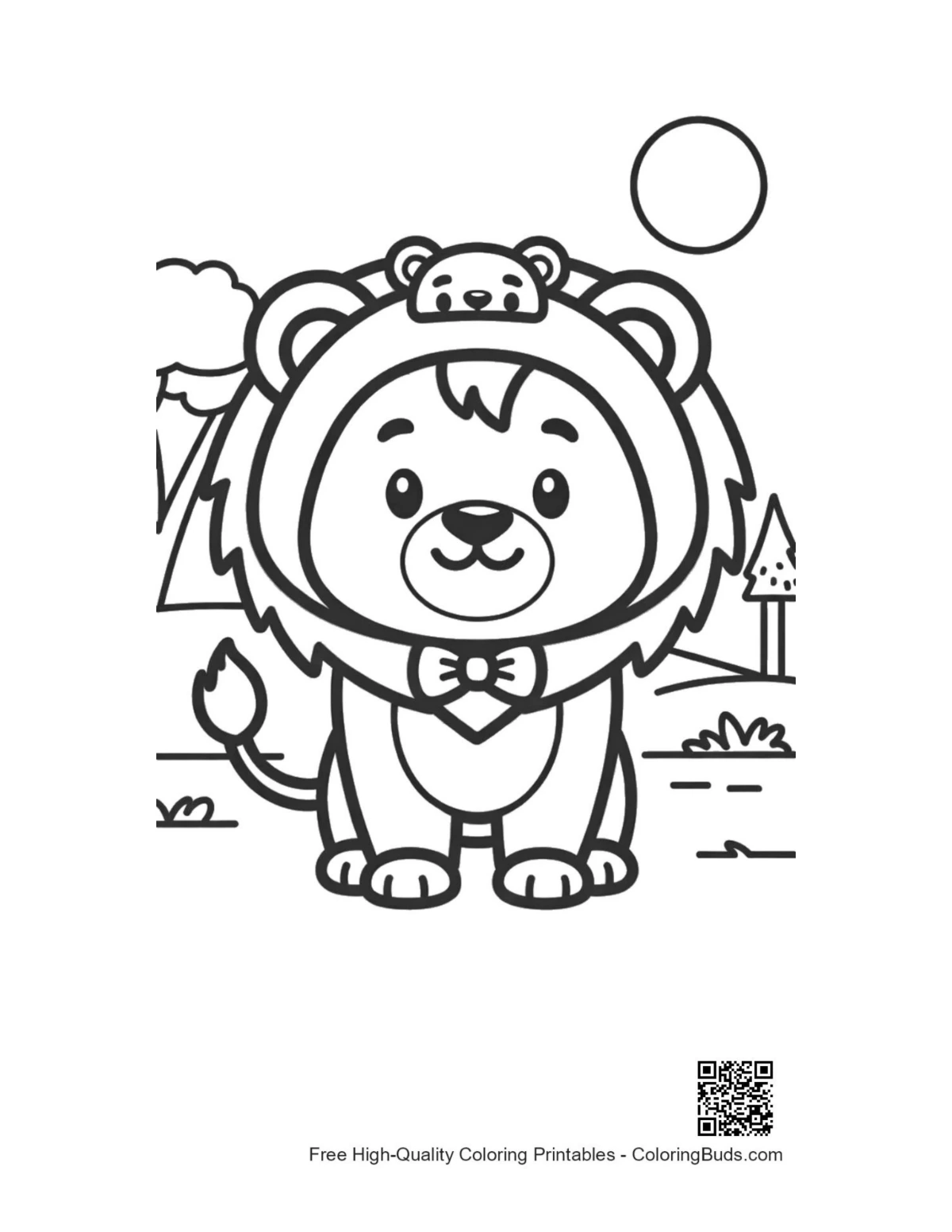 Chibi lion cub standing cute expression coloring printable