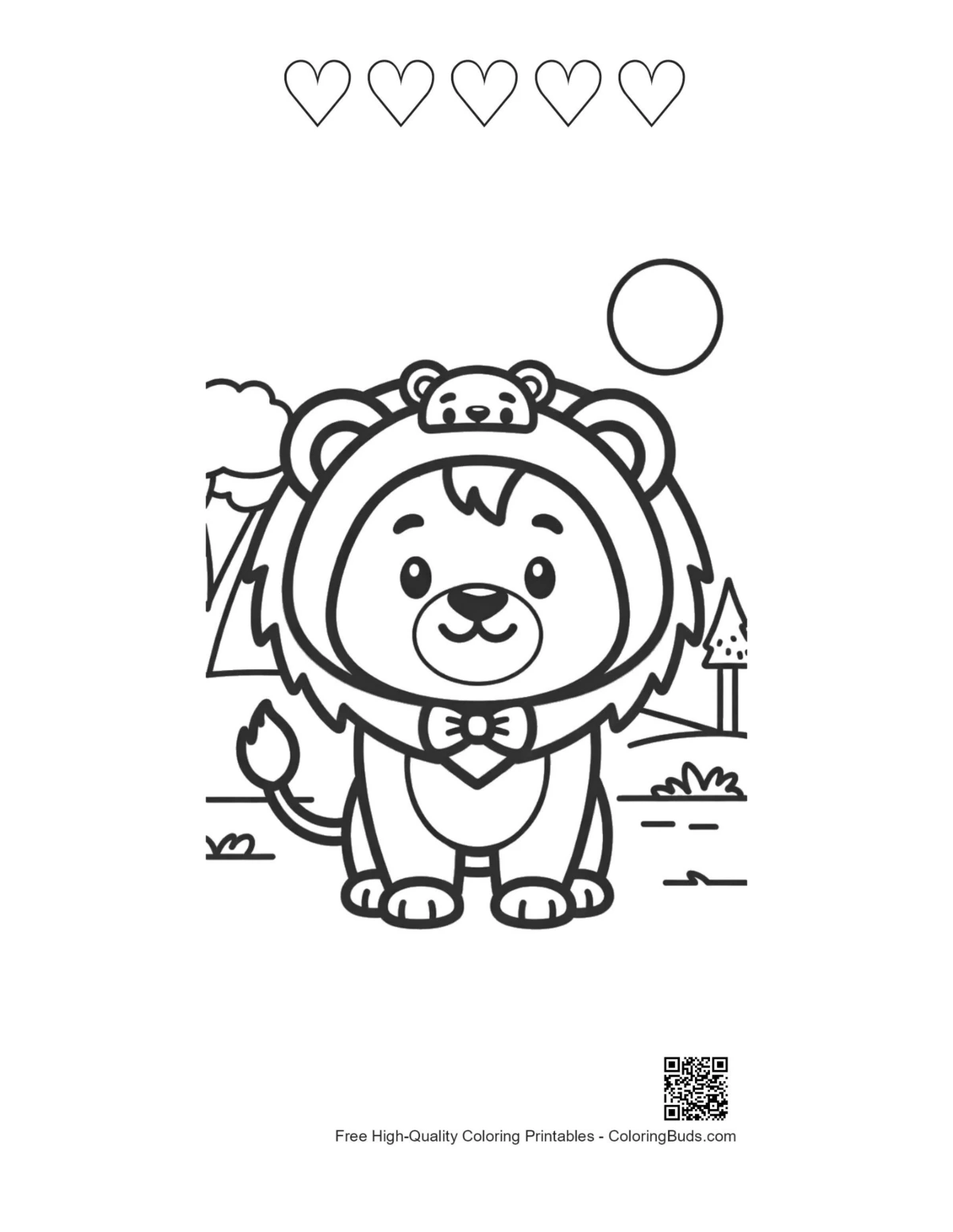 Chibi lion cub with 5 heart outline printable