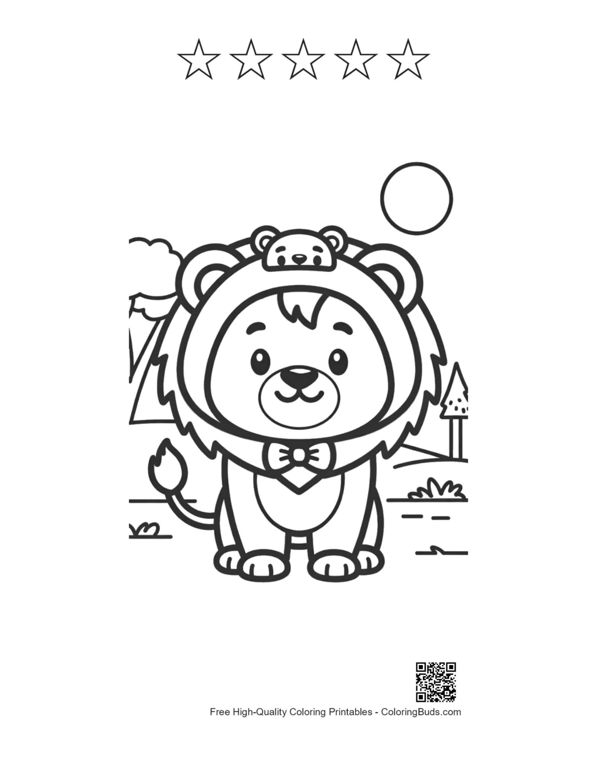 Chibi lion cub with 5 star outline printable