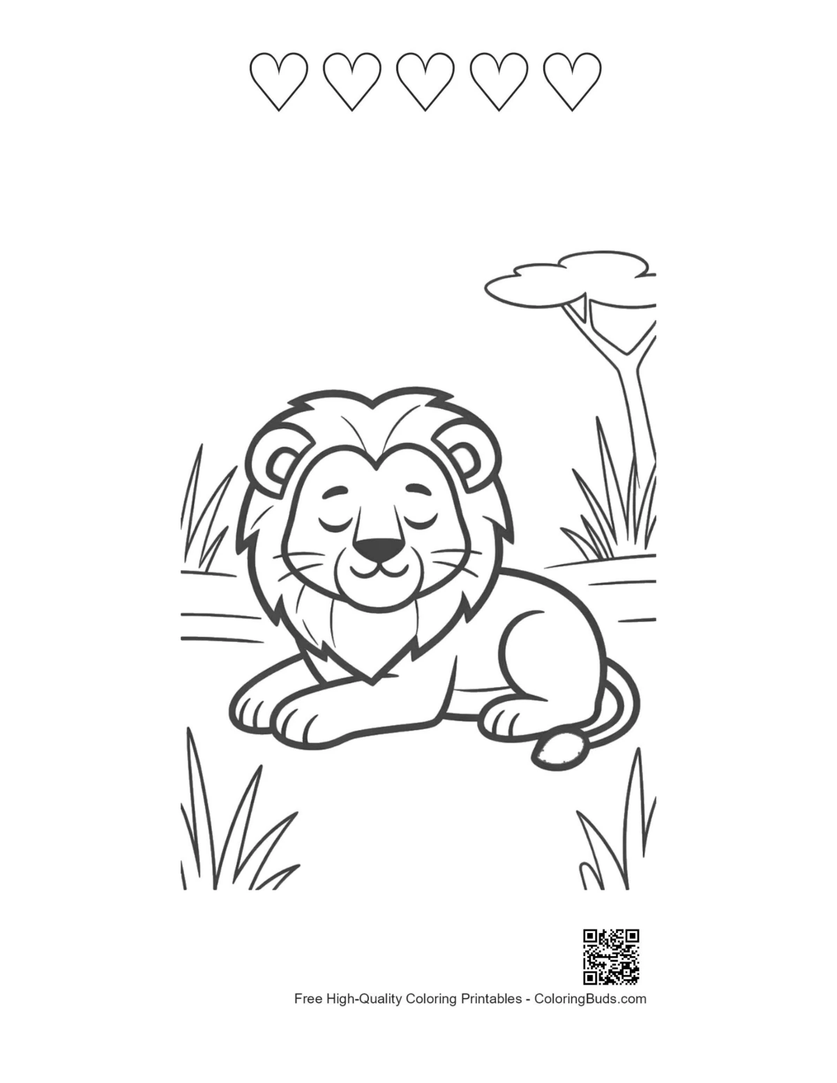Cute lion cub printable with 5 heart outlines