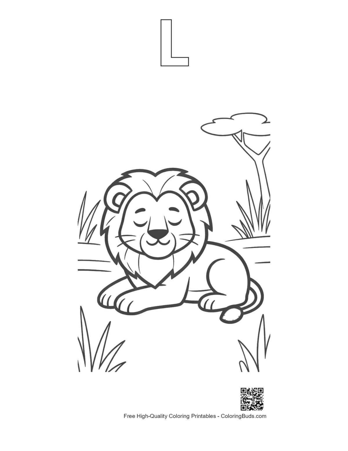 Lion cub savanna coloring with alphabet L outline