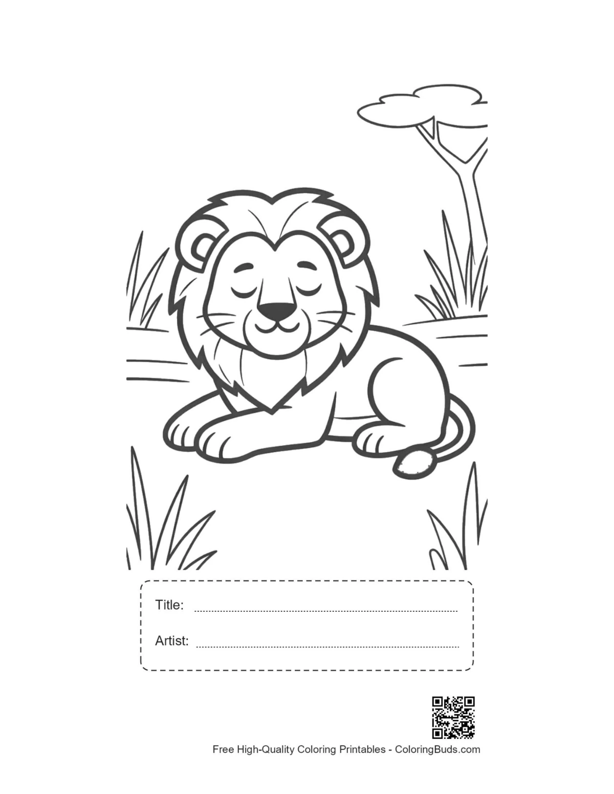 Cute lion cub savanna printable with title box