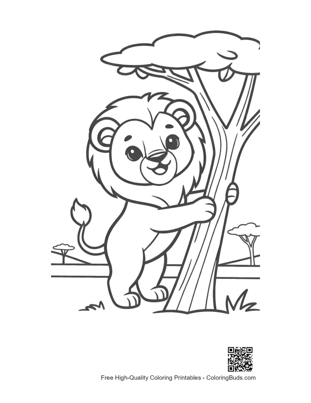 Cute male lion cub climbing jungle tree printable