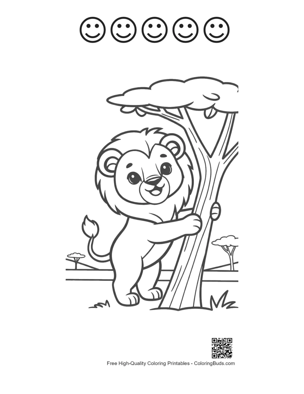 Cute lion cub printable with 5 happy faces