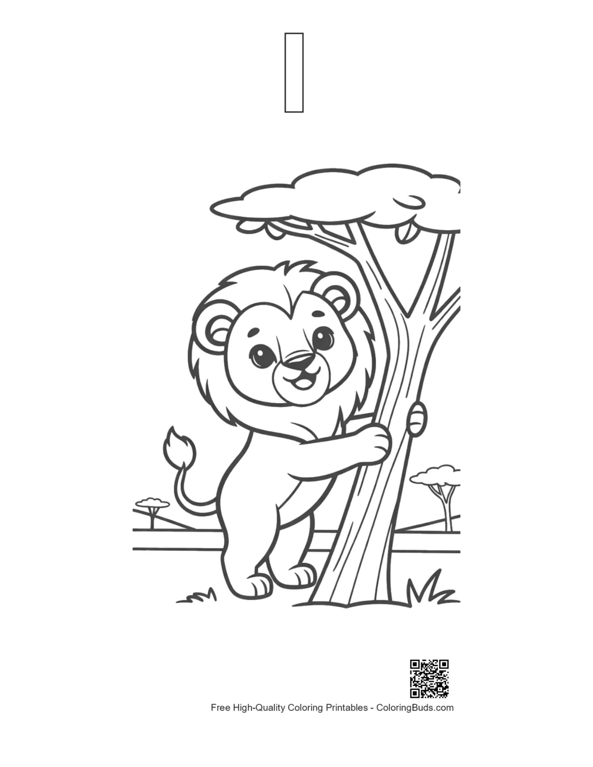 Lion cub climbing tree outline with alphabet I