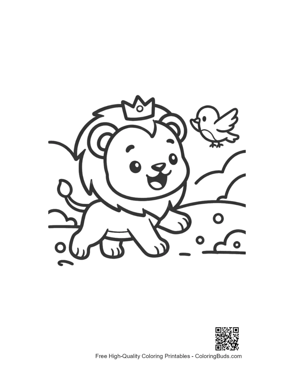 Cute male lion king crown bird coloring page