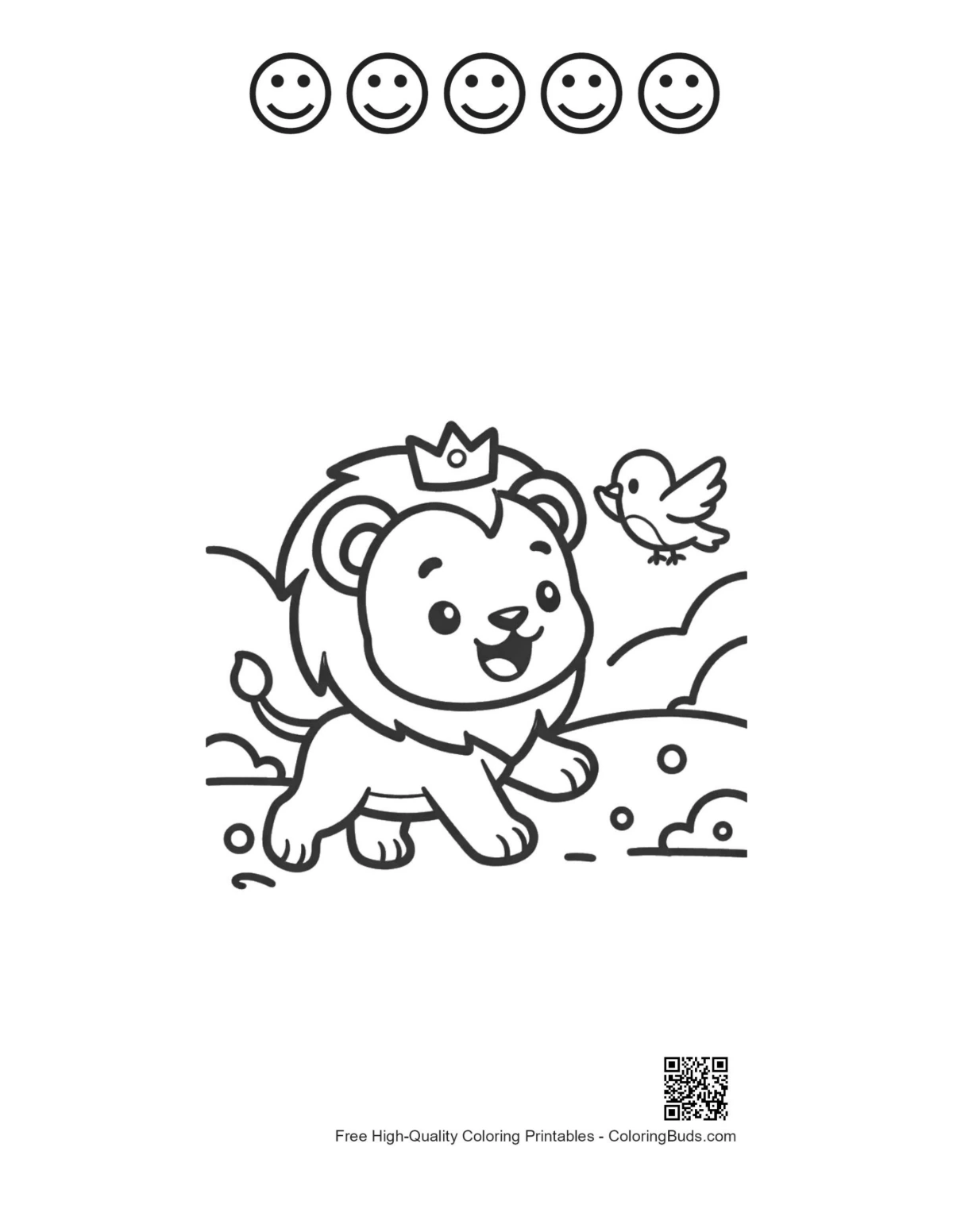 Lion king crown bird 5 happy faces outline page