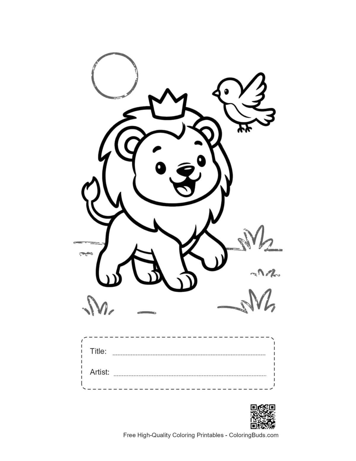 Free male lion printable with title artist box